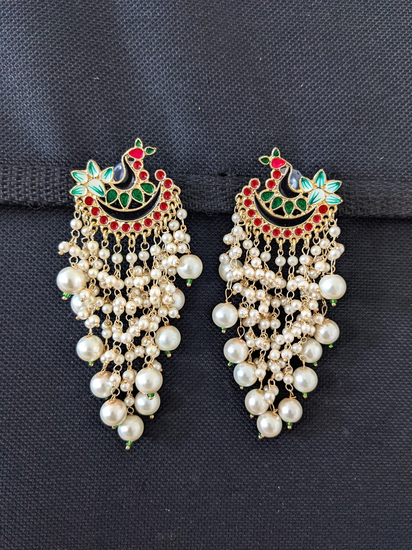 Peacock Stud Pearl cluster Tassel style Enamel Earrings