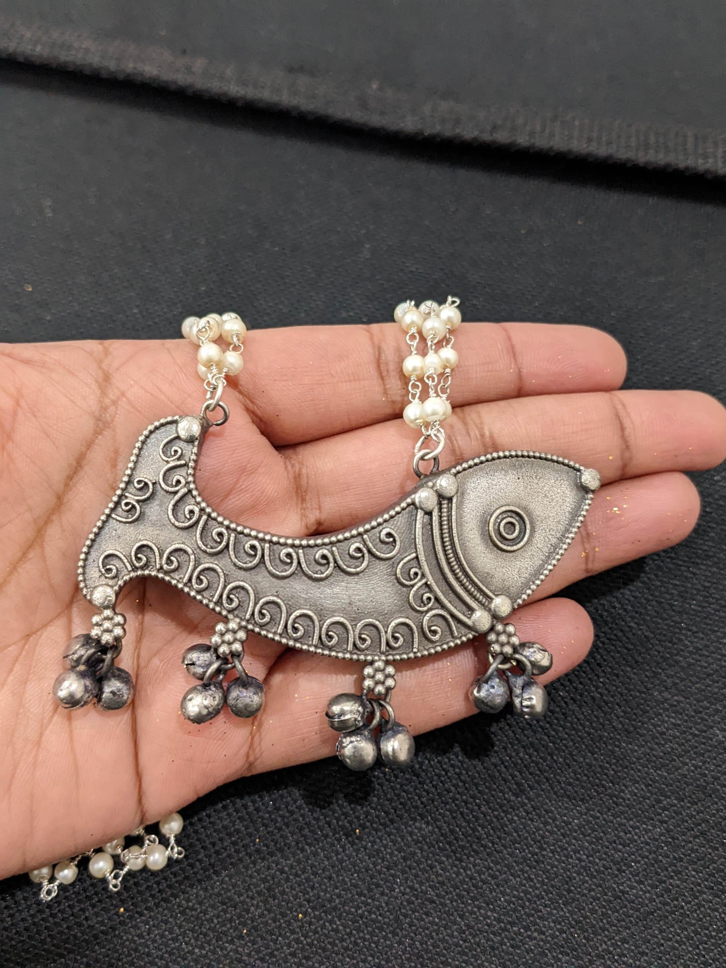 Fish Pendant Pearl Chain Oxidized Silver Necklace