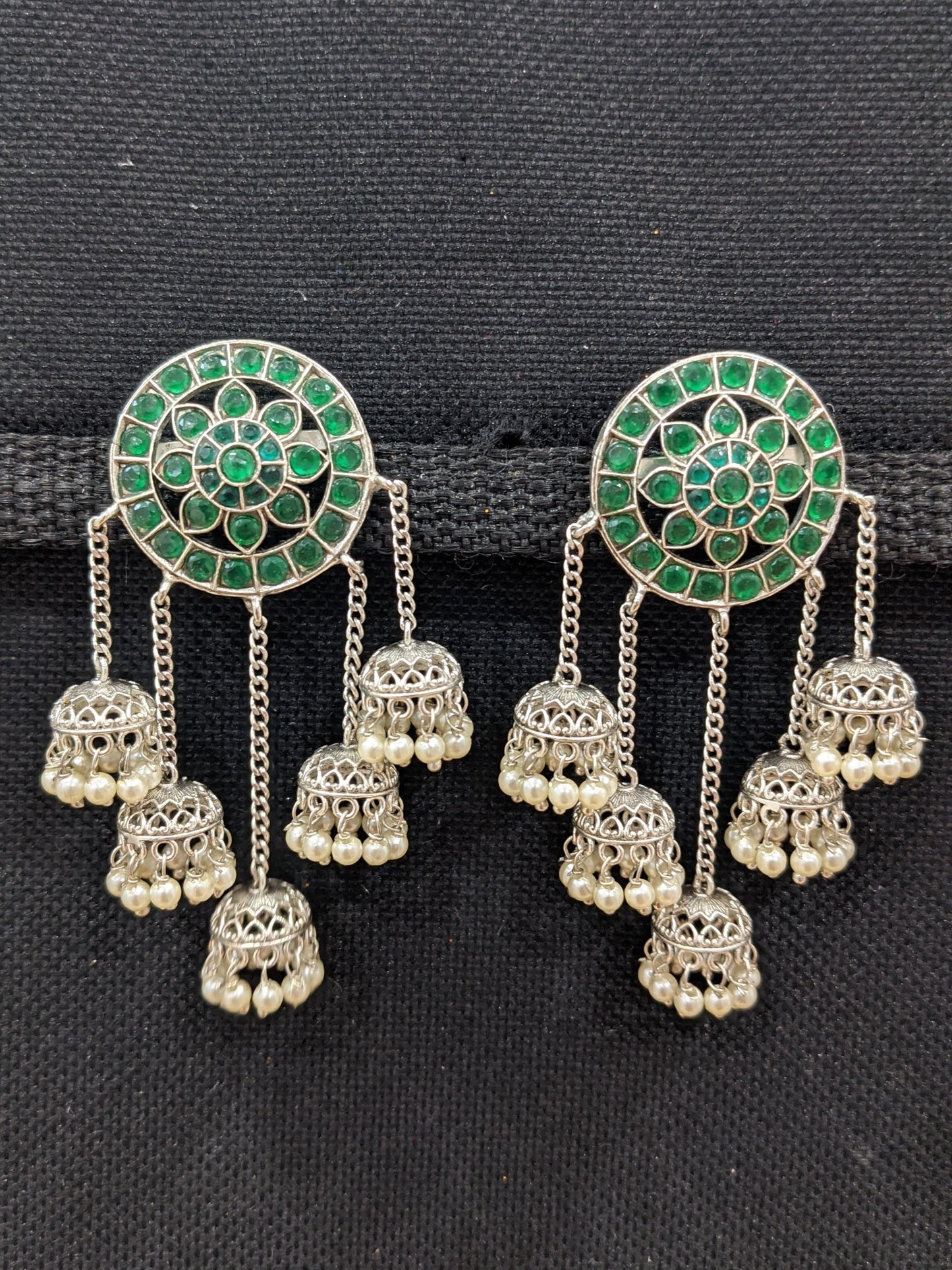 Triple jhumka dangle Silver Rhodium earrings