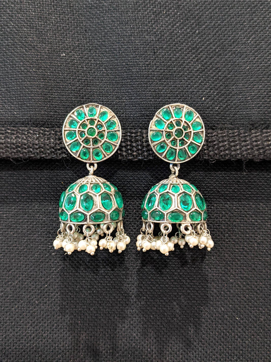 German Silver Round Stud Medium Jhumka Earrings - Simpliful