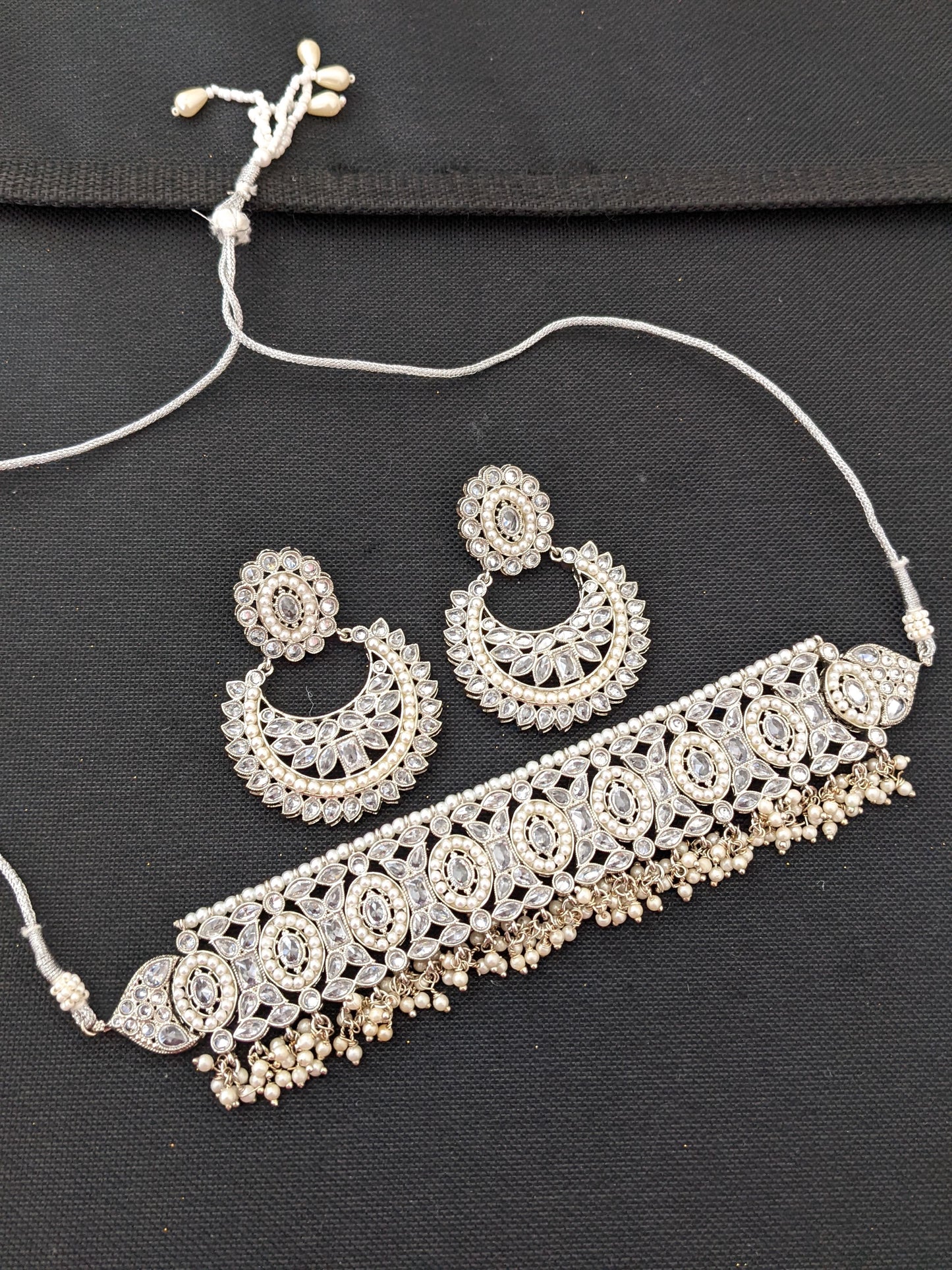 Silver rhodium polished - Chick collar style choker necklace and Ramleela style earring set - Simpliful