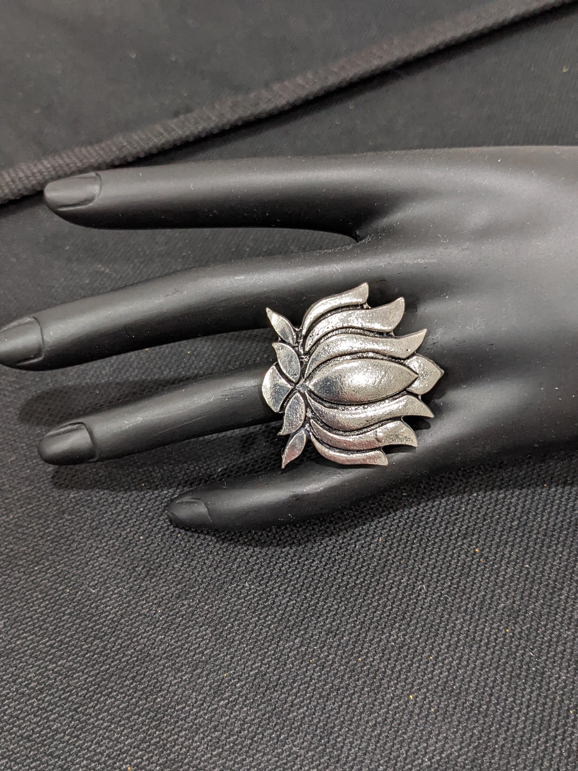 Oxidized XL Lotus flower Adjustable Finger ring - Simpliful