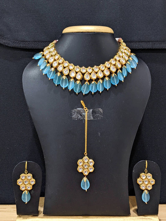 Light blue bead Kundan Choker necklace Combo Set