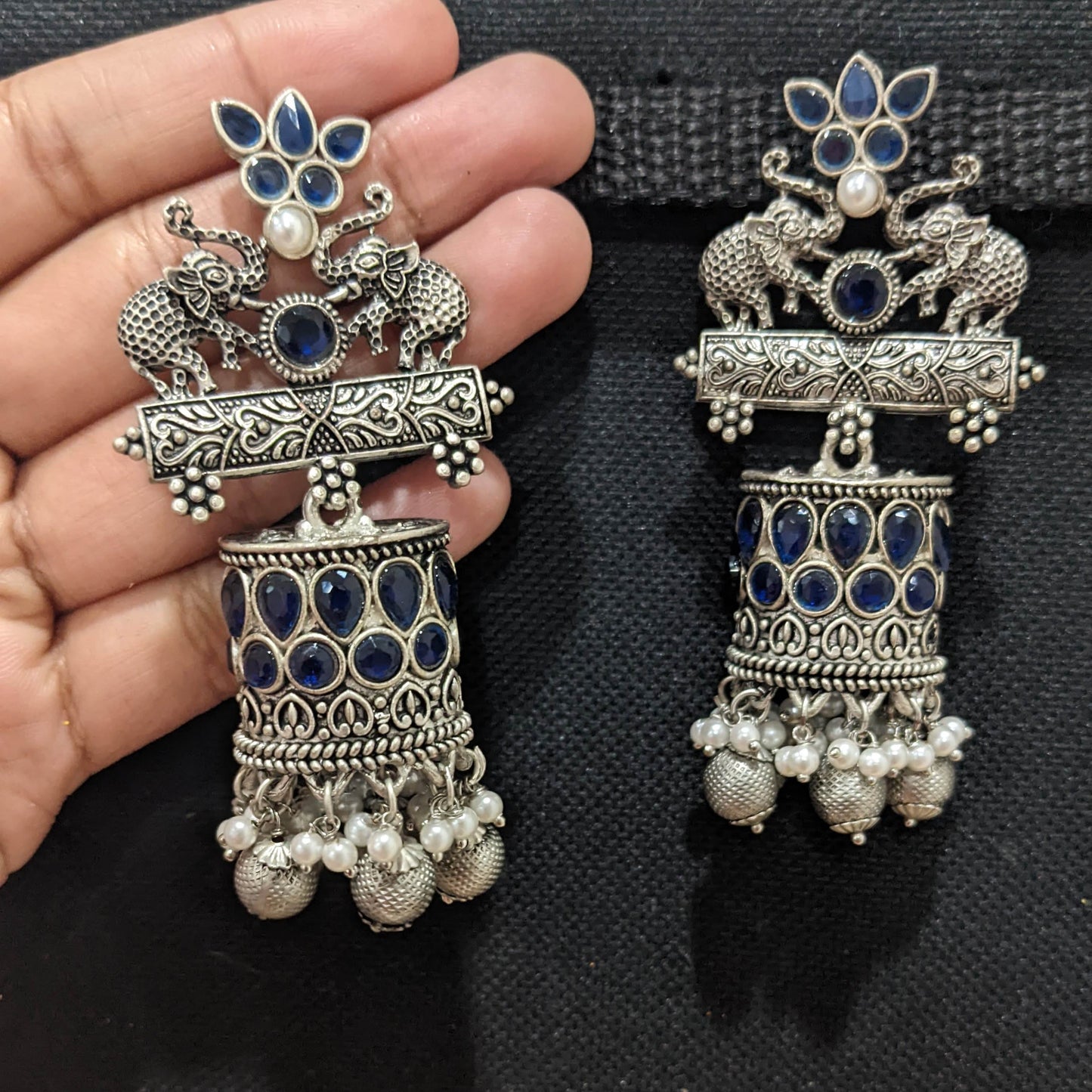 Elephant design Silver Rhodium Flat Jhumka earrings