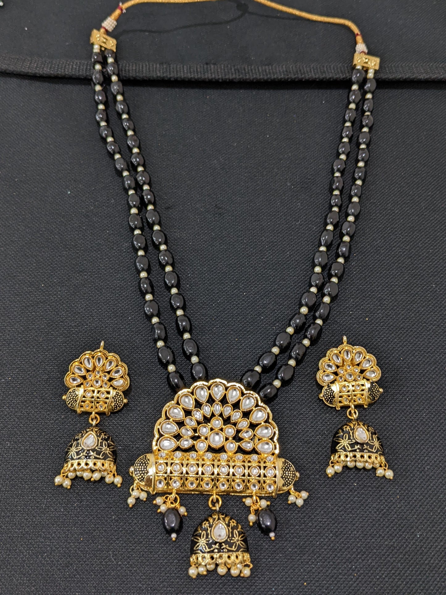 Dual strand Oval bead Necklace Kundan Pendant and Earrings set
