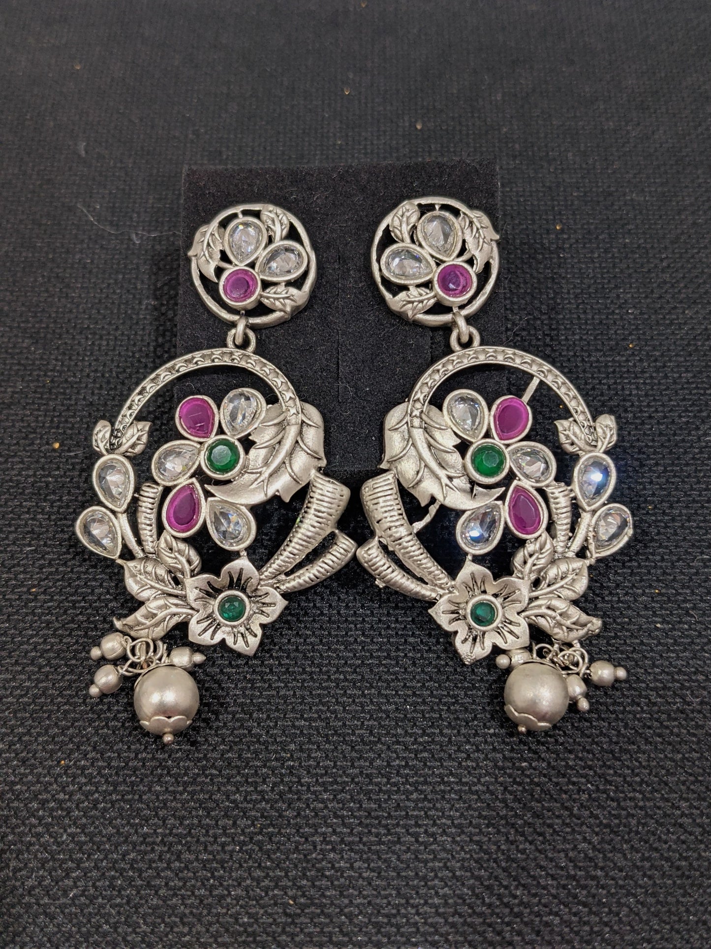 Bright Silver matte polished CZ flower Dangle Earrings