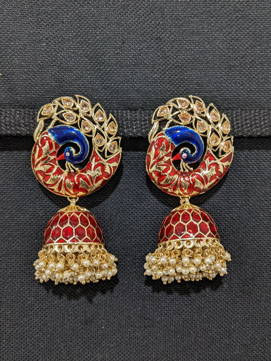 XL size Peacock Stud Meenakari jhumka earrings