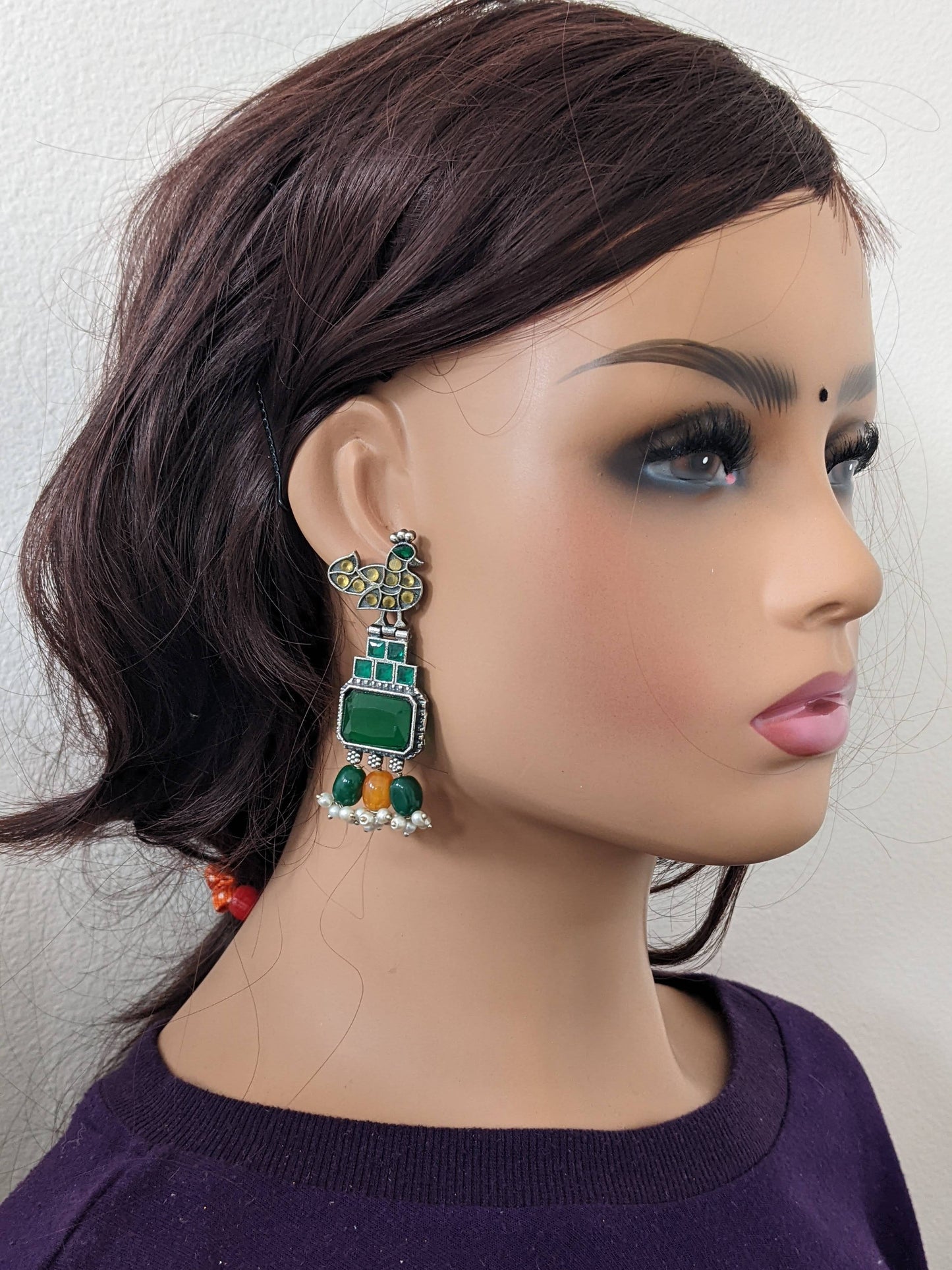 German Silver Peacock Stud bead dangle CZ Earrings