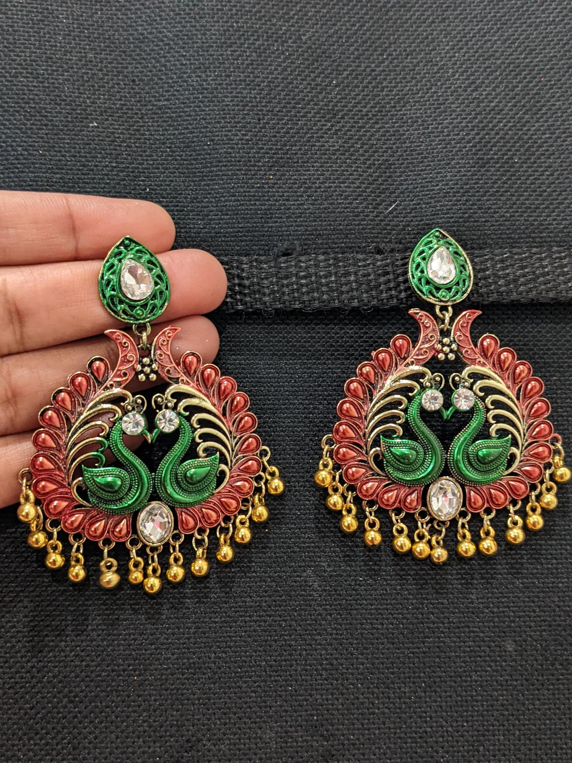 Tear drop stud with matte meenakari work gold bead hanging dual peacock antique earring - Simpliful