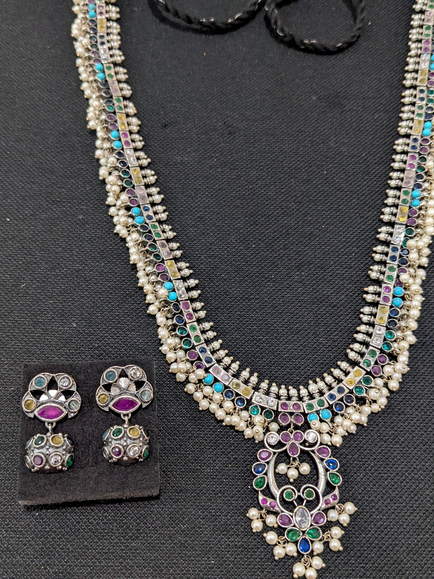 Multi color CZ stone Guttapusalu German Silver Long haram and earrings set