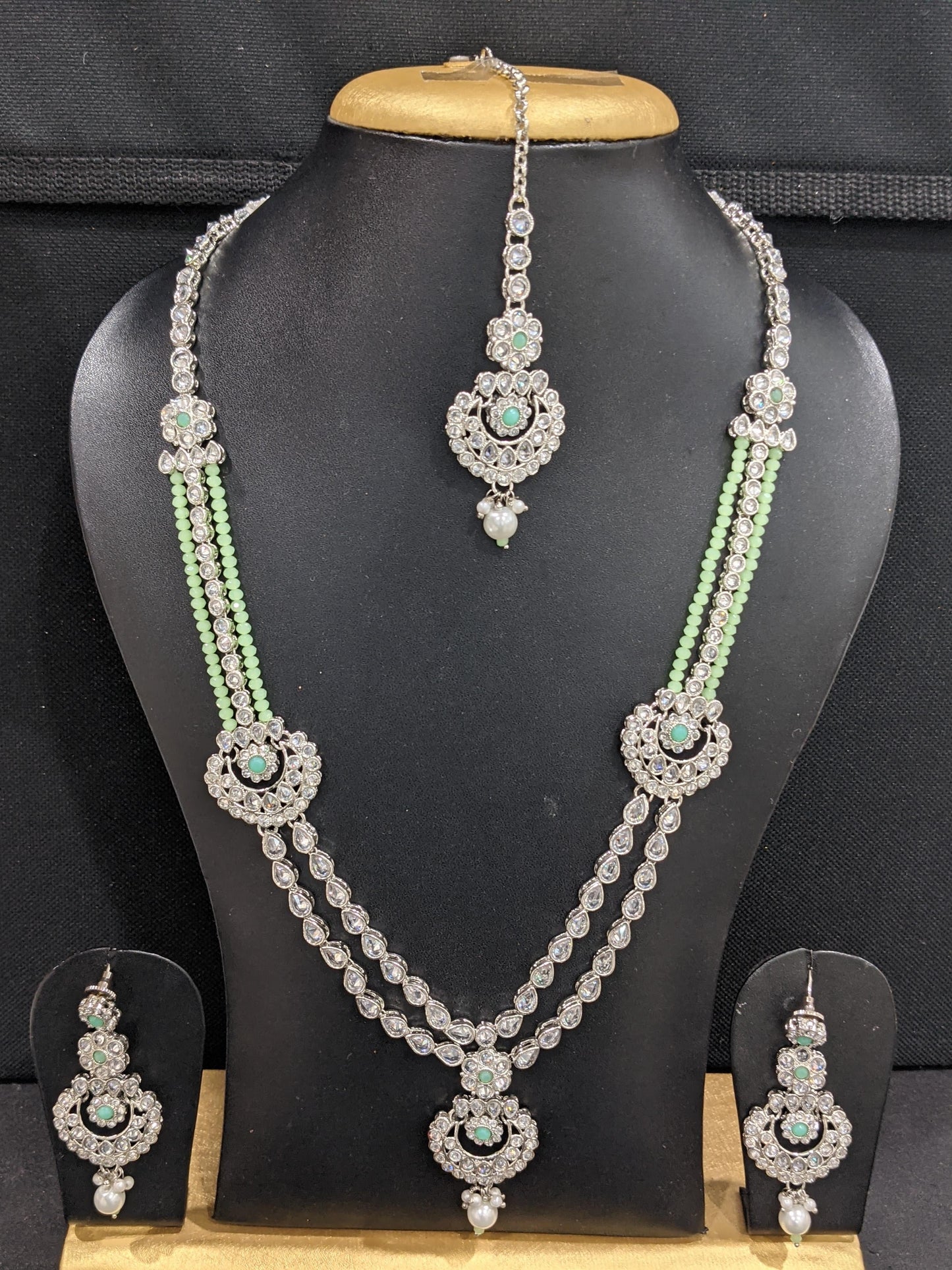 Shiny polki stone Silver Rhodium plated Long Haram Necklace Set