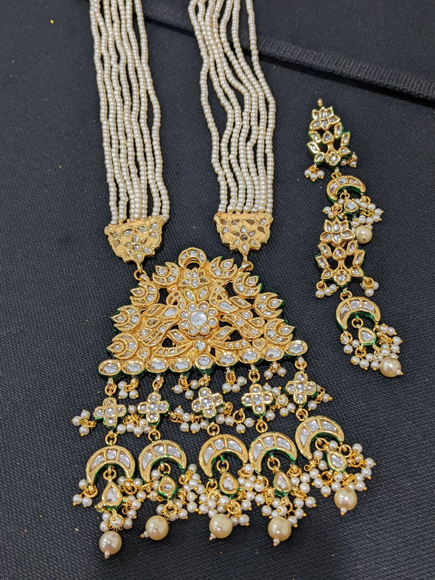 Multi stranded Pearl Long Necklace Kundan Pendant and Earrings set