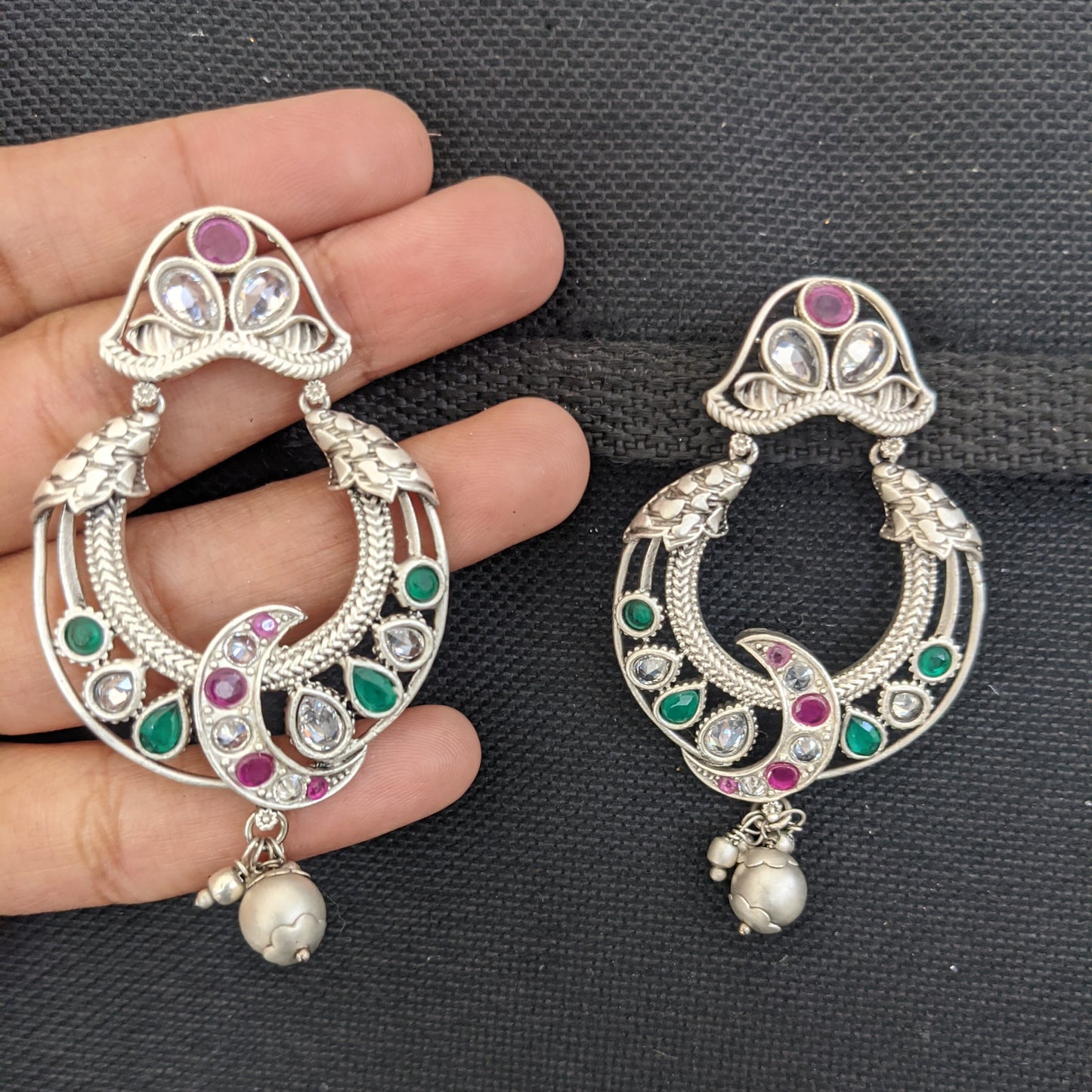 Bright silver matte plated Moon Design CZ Earrings