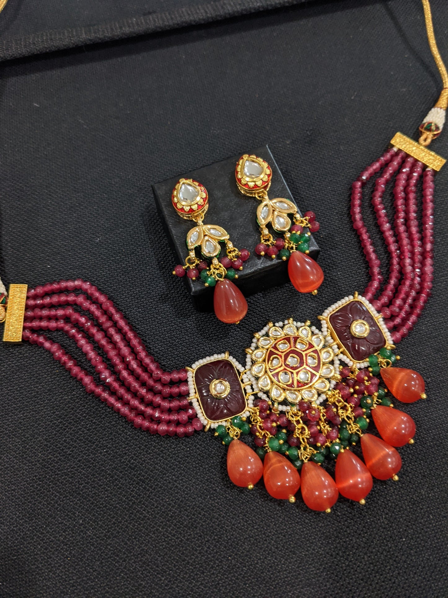 Multi stranded crystal bead Kundan Choker Necklace Earrings set