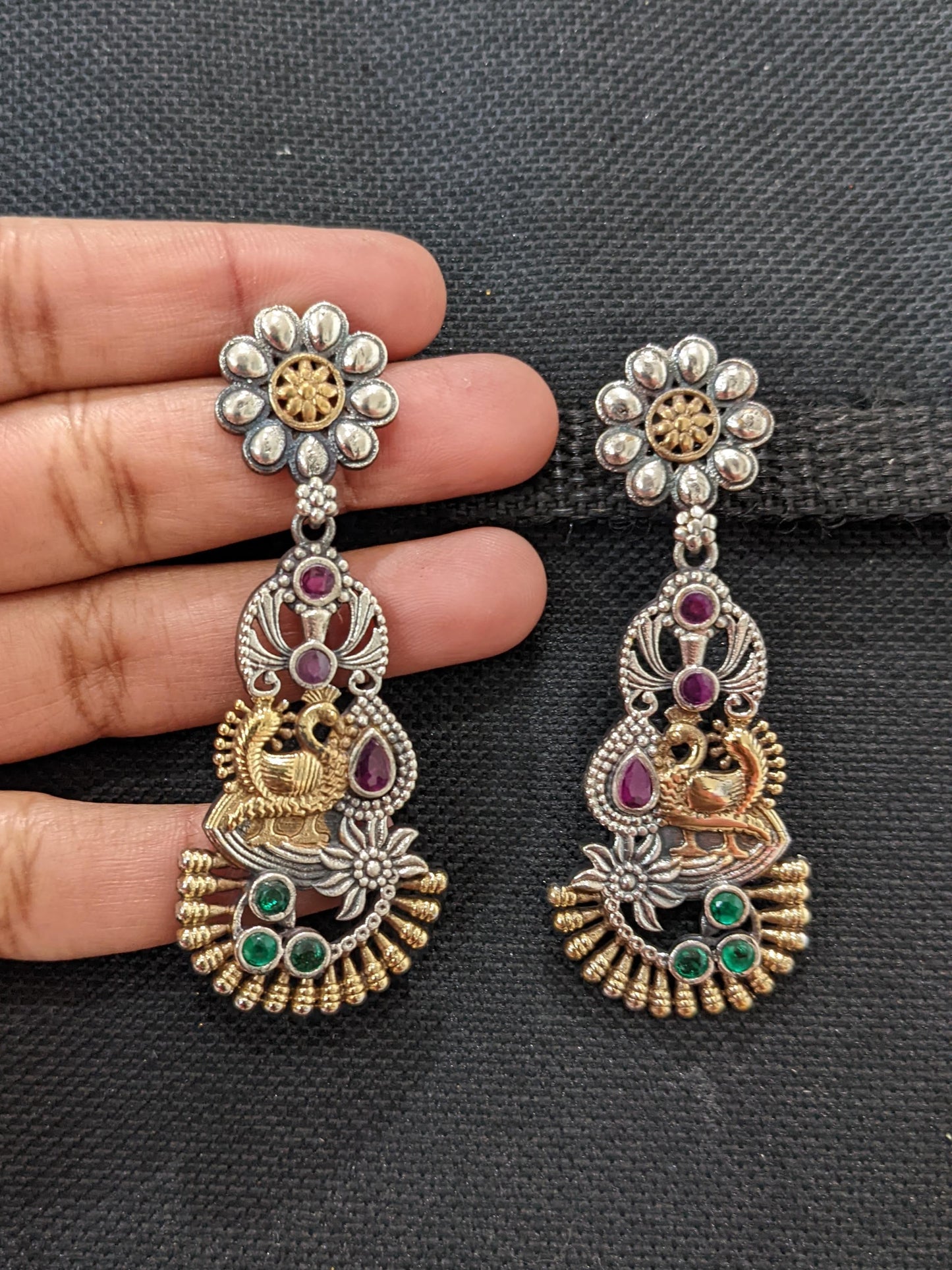 Dual Tone German Silver Peacock Earrings